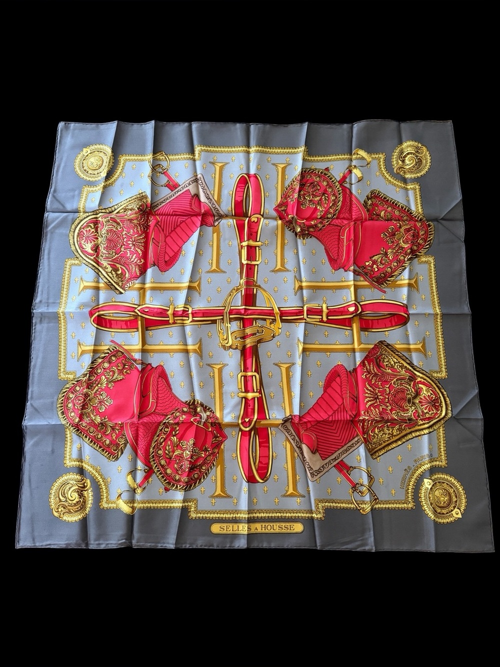 HERMES PARIS “SELLES A HOUSSE “ GREY SILK SCARF 35" EX CONDITION